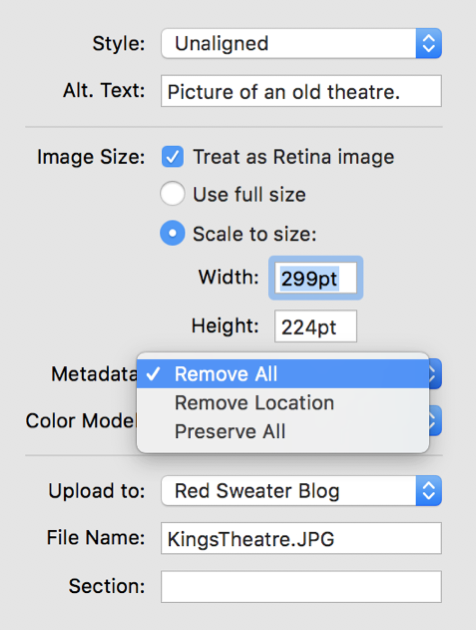 Screenshot of MarsEdit image properties, including a new option to specify metadata preservation.
