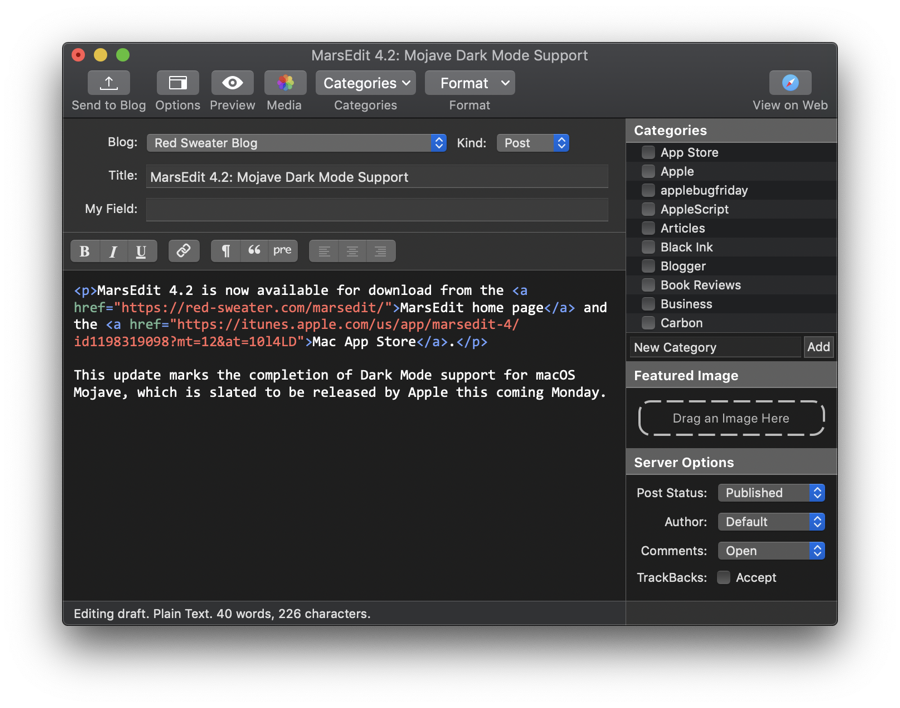 Screenshot of MarsEdit running in Dark Mode on macOS mojave.