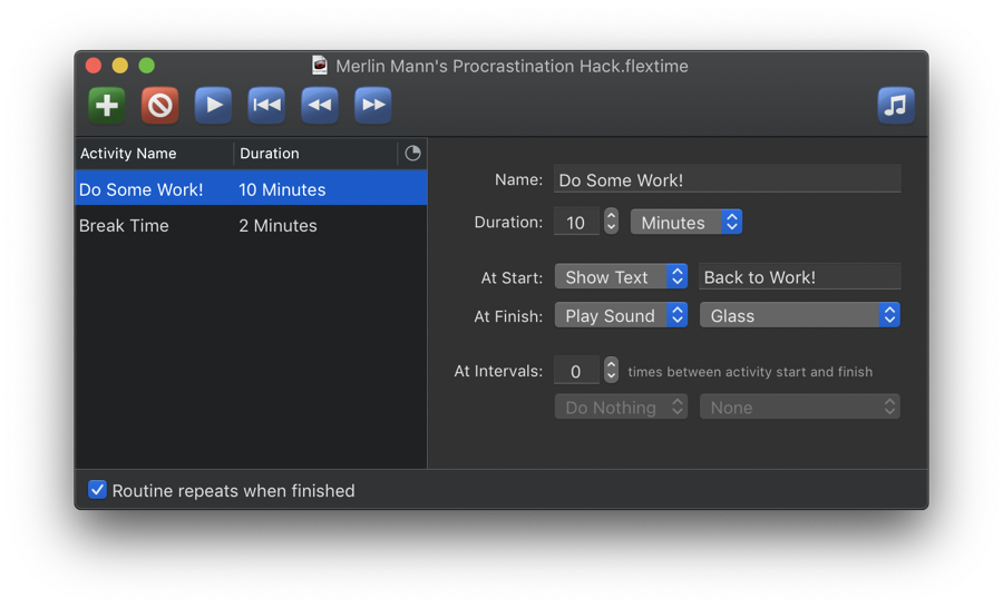 Screenshot of FlexTime's main window with Dark Mode appearance.
