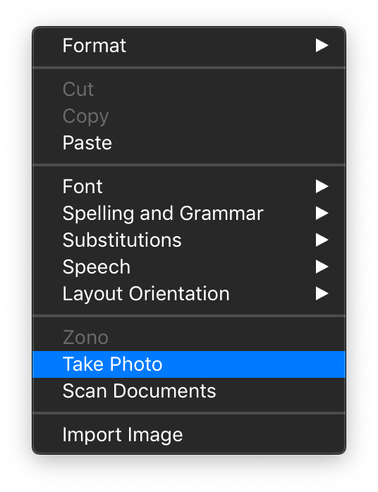 Screenshot of Continuity Camera feature in contextual menu