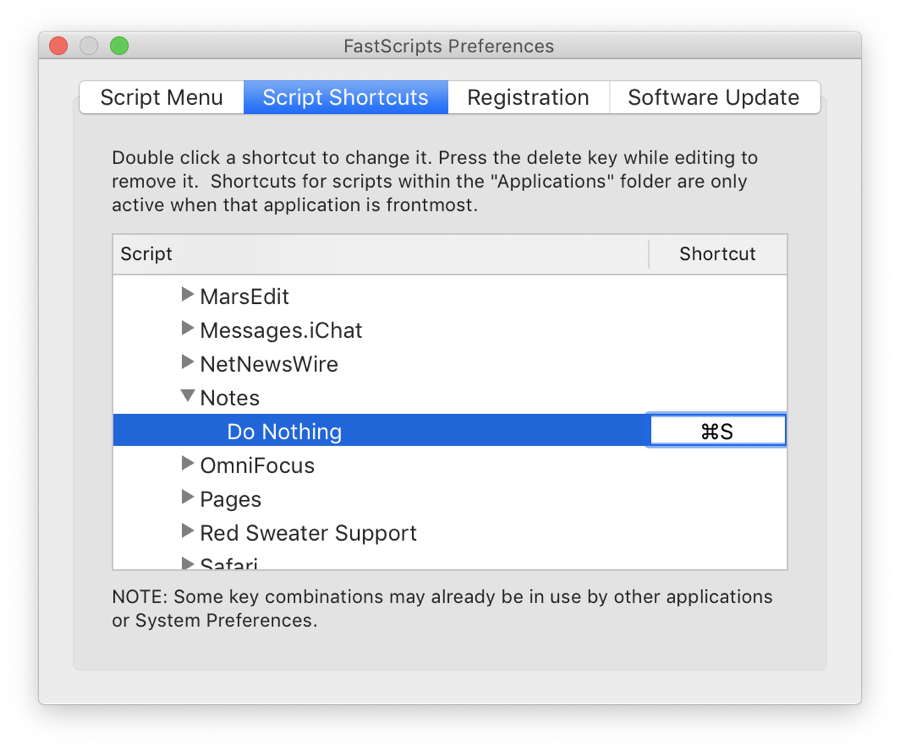 Screenshot of FastScripts Preferences with the keyboard shortcut for 