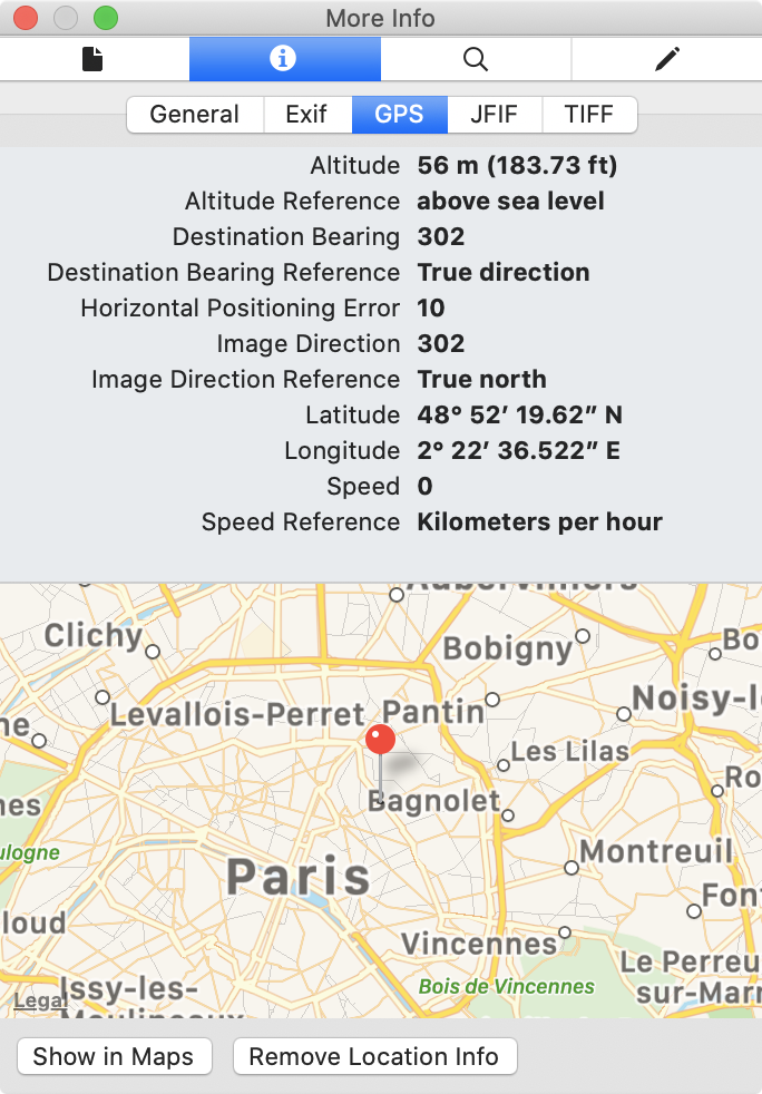 Screenshot of Info panel for image showing a map of Paris