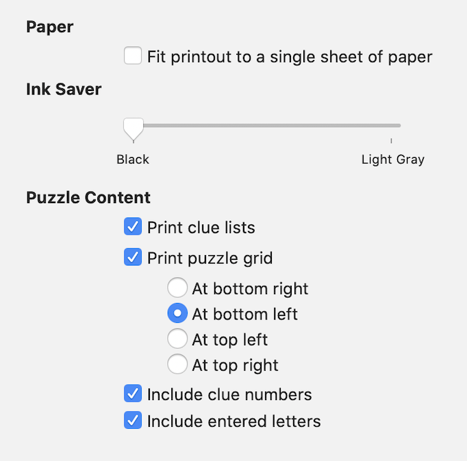 Screenshot of Black Ink's printing options